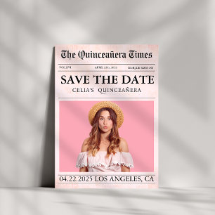 Unique modern pink Quinceañera newspaper photo Save The Date