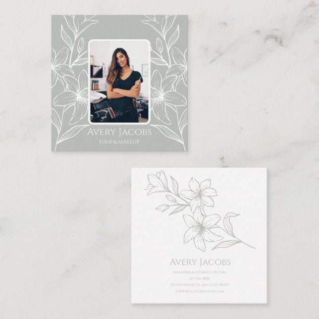 Unique Modern Sage Green Boho Floral Photo Square Business Card (Front/Back)