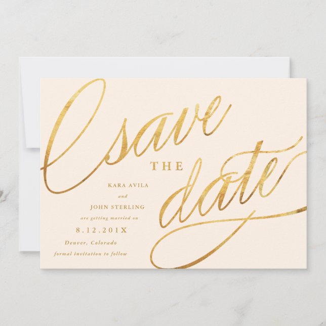 Unique Modern Save the Dates | Champagne & Gold Date (Front)