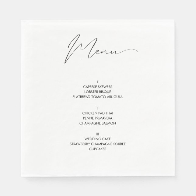 Unique Modern Script Wedding Menu  Napkin (Front)