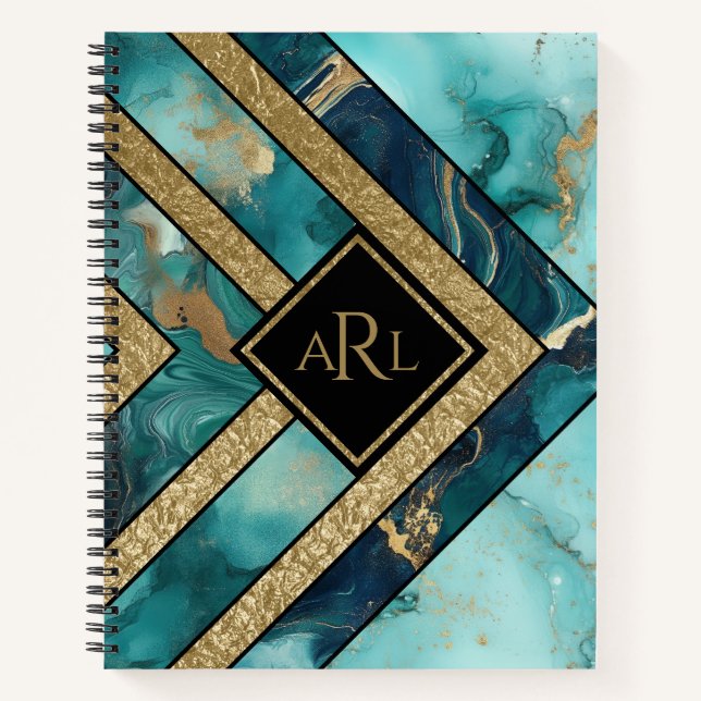 Unique Modern Teal Gold Geometric Personalised Notebook (Front)