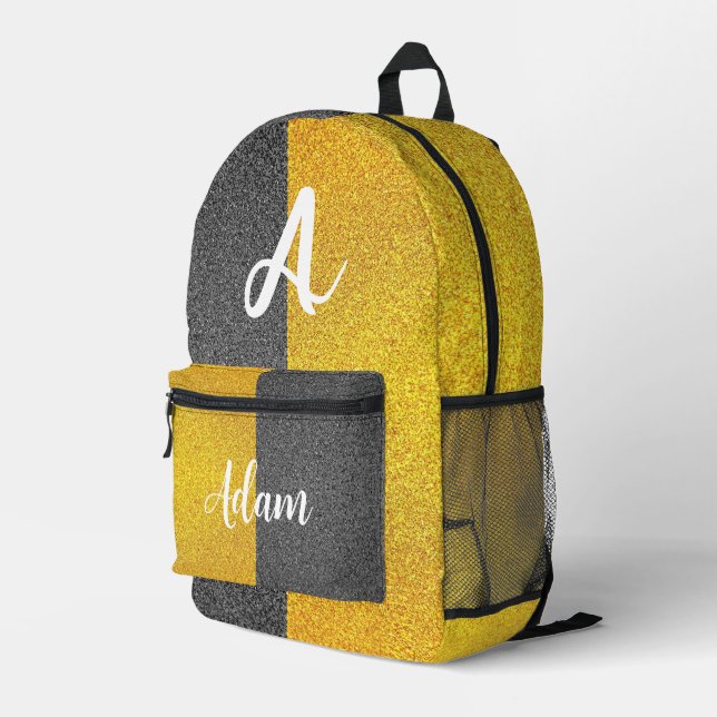 (Unique Monogram & Initial Name) Luxury Black Gold Printed Backpack (Back Corner Right)