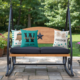 Unique Monogrammed Copper and Turquoise Patriotic Cushion
