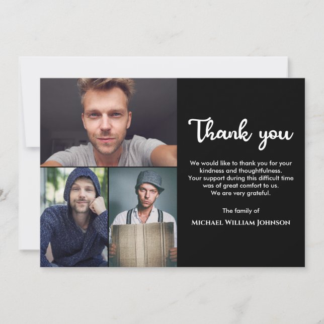 Unique Mourning Funeral Memorial 3 Photo Collage Thank You Card (Front)