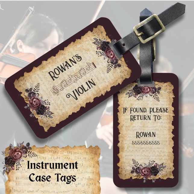 Unique Musician Violin Instrument Case Tag (School Orchestra Violin Case Tag: Personalized design template featuring a vintage music staff.)