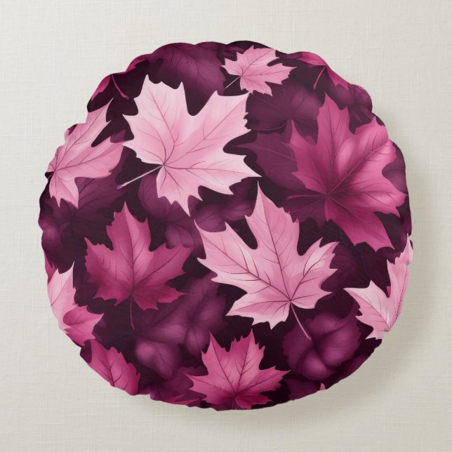 Unique Muted Burgundy Maple Leaf Round Pillow (Front)