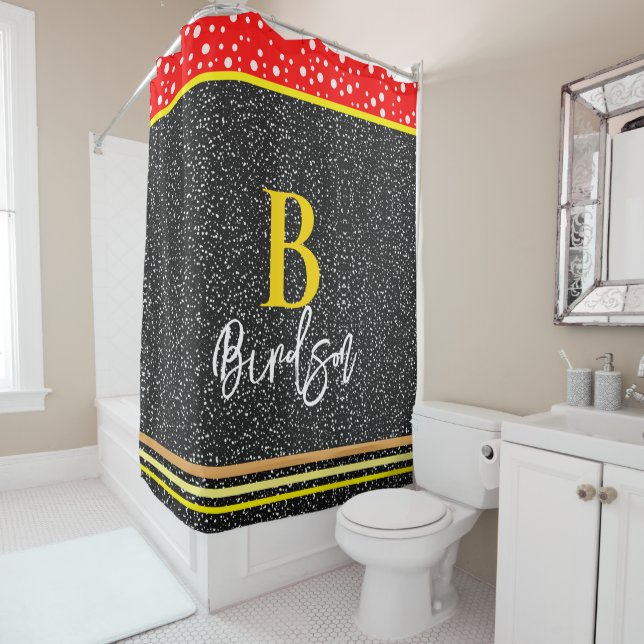 Unique Name & Monogram, Modern Red Gold & Black Shower Curtain (In Situ)