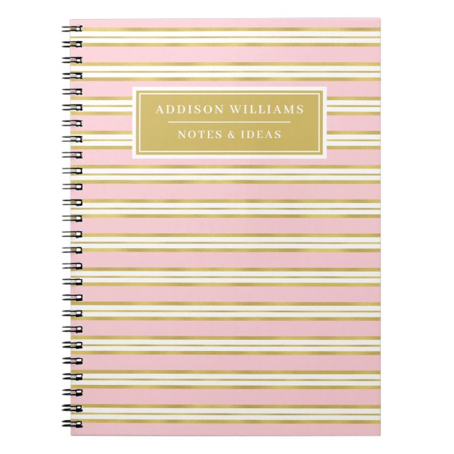 Unique Name Pink Gold Stripe Pattern Customised Notebook (Front)