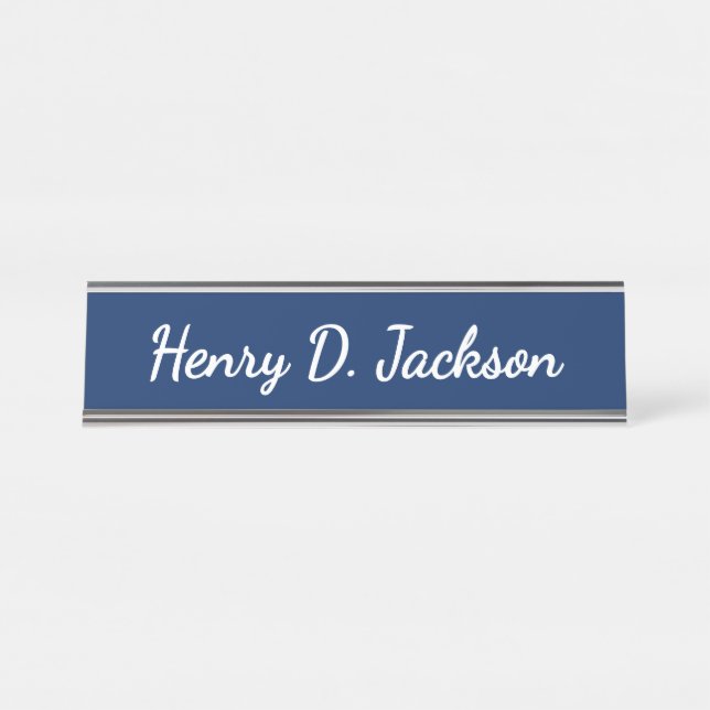 Unique Navy Blue Classical Handwriting Plain Desk Name Plate (Front)