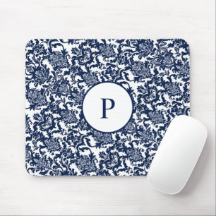 Unique Navy Blue Damask Pattern Mouse Pad