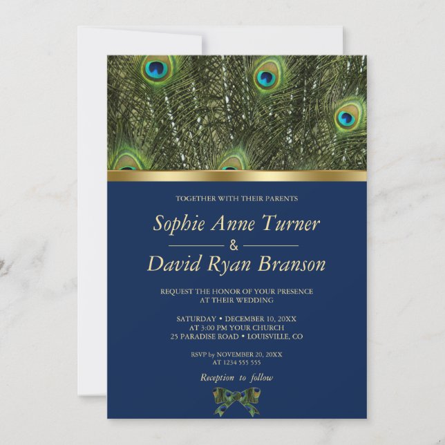 Unique Navy Blue Gold Peacock Feathers Wedding Invitation (Front)
