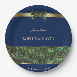 Unique Navy Blue Gold Peacock Feathers Wedding Paper Plate