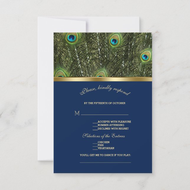 Unique Navy Blue Gold Peacock Feathers Wedding RSVP Card (Front)