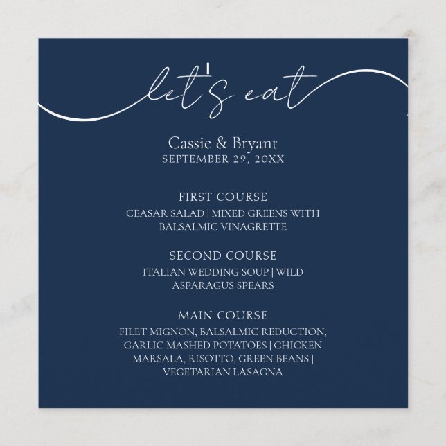 Unique Navy Blue Modern Script Wedding Menu (Front)