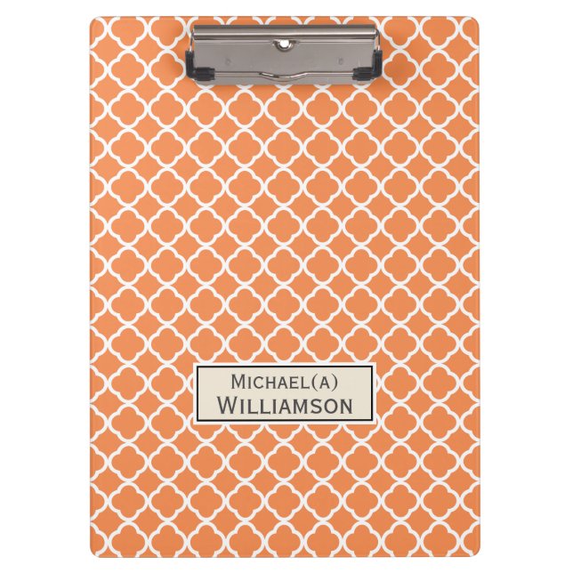 Unique Nectarine Orange & White Quatrefoil Pattern Clipboard (Front)