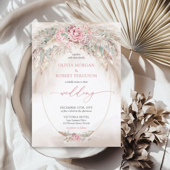 Unique neutral light brown pampas and dusty rose invitation (Unique neutral light brown pampas and dusty rose invitation)