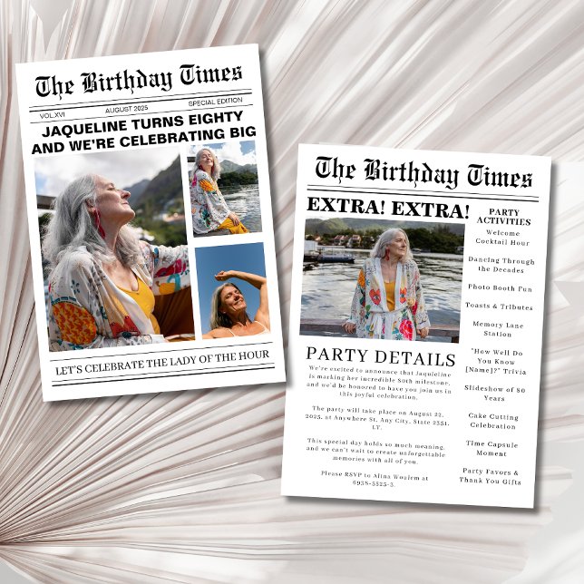 Unique newspaper 80th Birthday photo Invitation (Creator Uploaded)