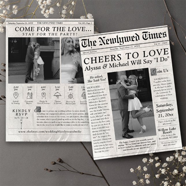 Unique Newspaper Wedding Invitation Photo Timeline (The Newlywed Times Unique black and white 3 photo Newspaper Trendy Wedding Invitation timeline story)