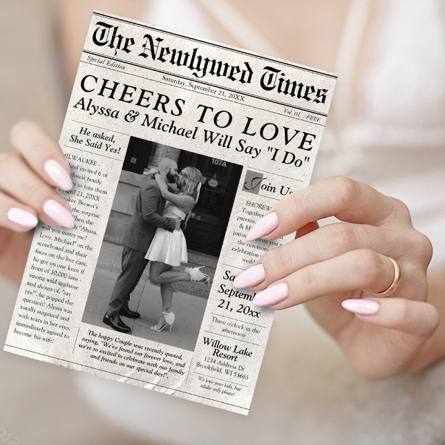 Unique Newspaper Wedding Invitation Photo Timeline (Cheers to Love The Newlywed Times trendy newspaper editorial black &  white photo wedding invitation)
