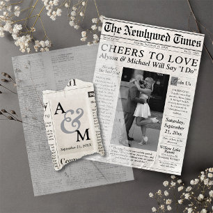 Unique Newspaper Wedding Monogram Modern Overlay Vellum Invitations