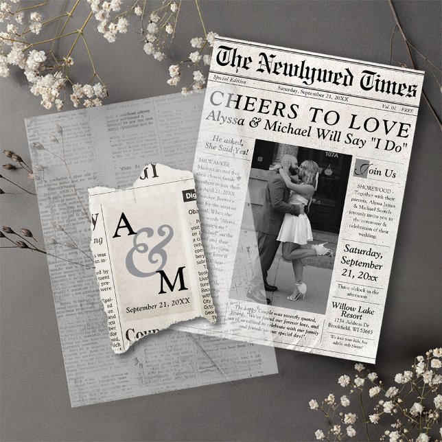 Unique Newspaper Wedding Monogram Modern Overlay Vellum Invitations (Newlywed Times Unique black and white modern Newspaper Wedding Invitation monogram vellum overlay)