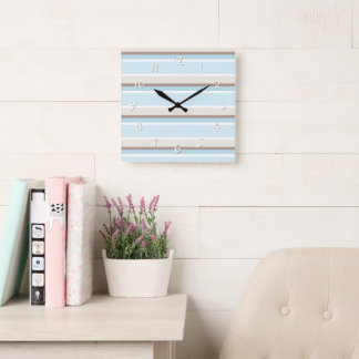 Unique Ocean Blue Beige White Stripe Art Square Wall Clock