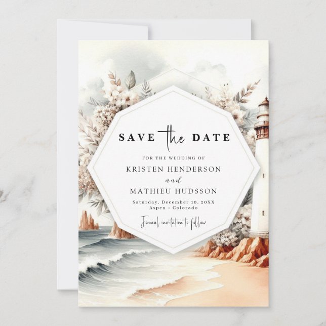  Unique Ocean Romance Lighthouse Wedding Save The Date (Front)