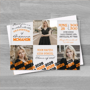 Unique Orange & Black Graduation 3 Photo Frosted Acrylic Invitations
