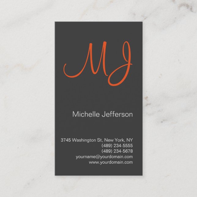 Unique Orange Monogram Grey Business Card (Front)