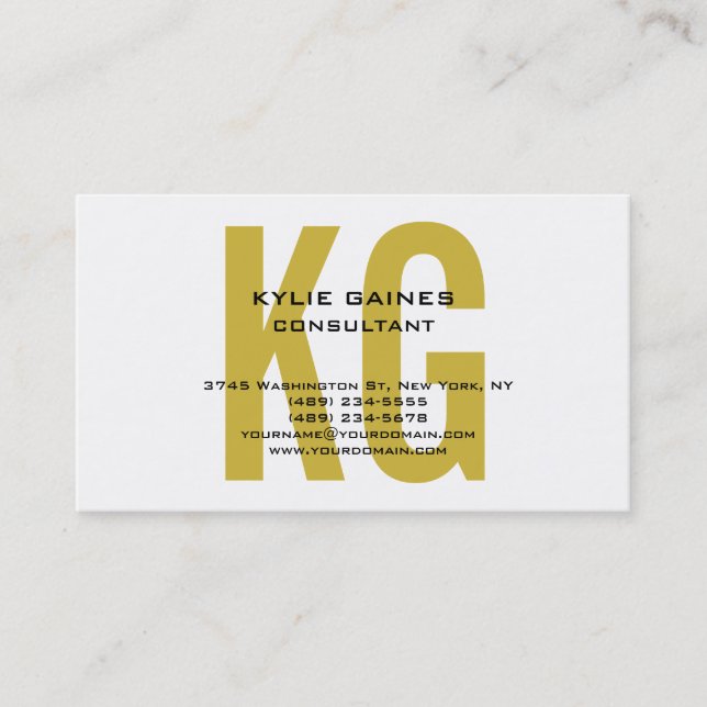 Unique Original Classic Gold Colour Monogram White Business Card (Front)