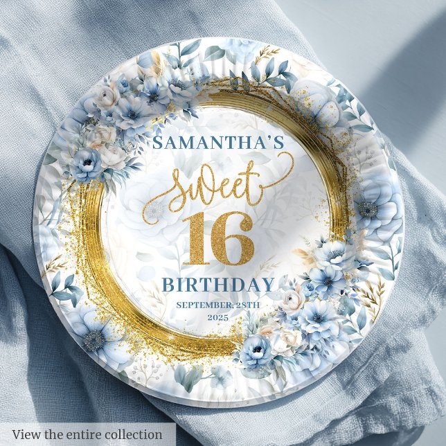 Unique Pastel Blue Sweet Sixteen Gold Glitter   Paper Plate (Unique Pastel Blue Sweet Sixteen Gold Glitter Paper Plates)