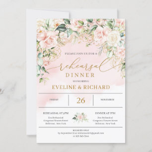 Unique pastel pink roses greenery gold rehearsal invitation