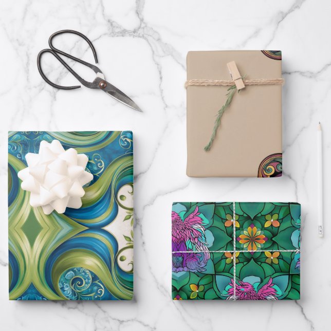 Unique Patterns Wrapping Paper Flat Sheet Set of 3 (Front)