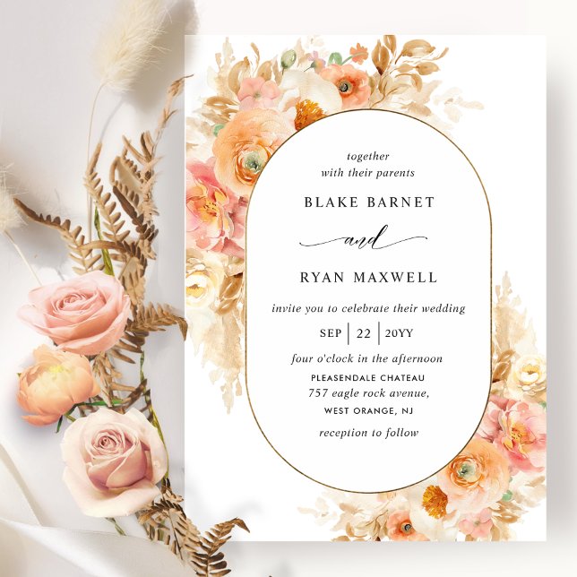 Unique Peach, Blush Pink and Cream Oval Wedding Invitation (Creator Uploaded)