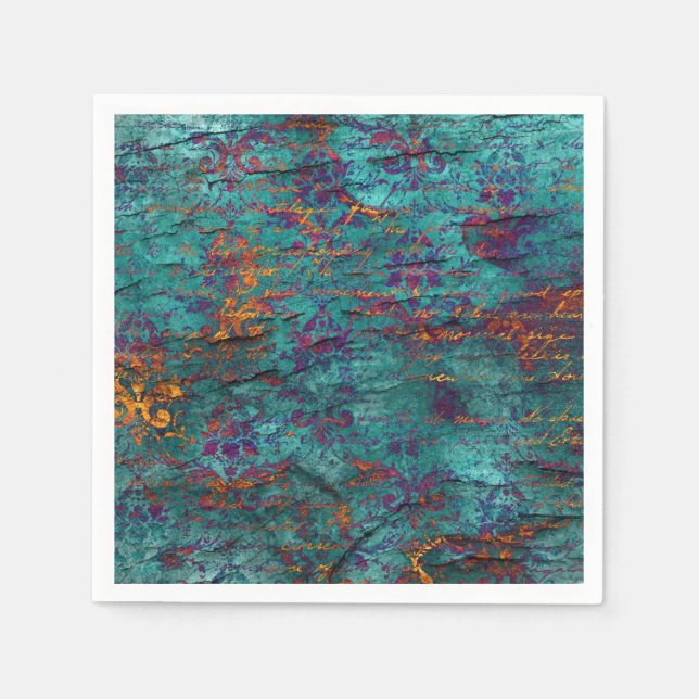 Unique peacock teal, magenta, purple blue texture  napkin (Front)