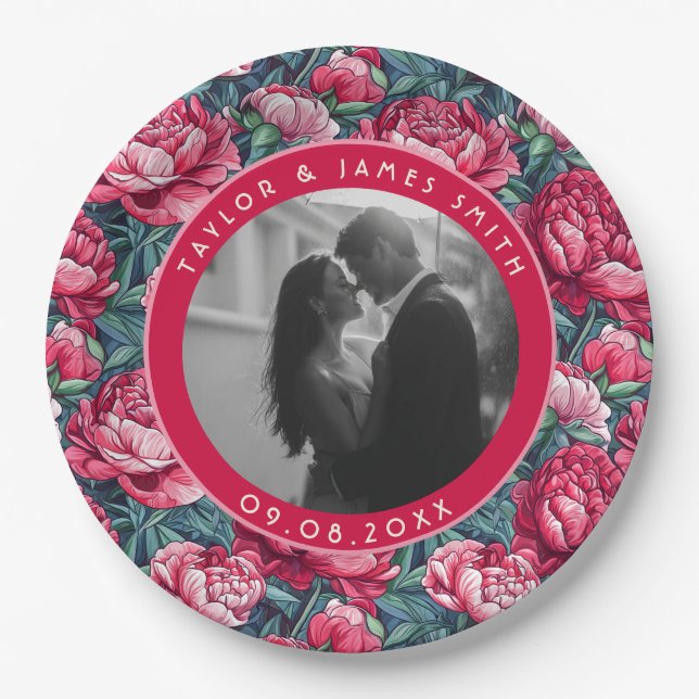 Unique Peonies Fantasy Outdoor Wedding Program Paper Plate (Front)