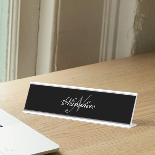 Unique Personalised Black and White Name Monogram Desk Name Plate (Creator Uploaded)