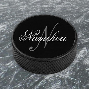 Unique Personalised Black and White Name Monogram Hockey Puck