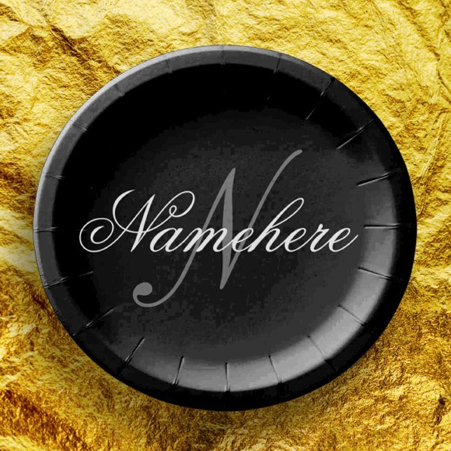 Unique Personalised Black and White Name Monogram Paper Plate (Creator Uploaded)