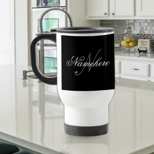 Unique Personalised Black and White Name Monogram Travel Mug