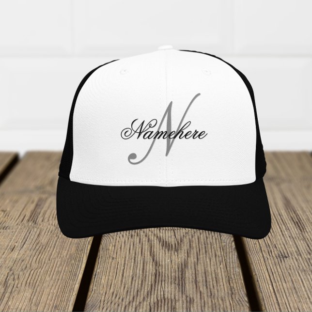 Unique Personalised Black and White Name Monogram Trucker Hat (Creator Uploaded)