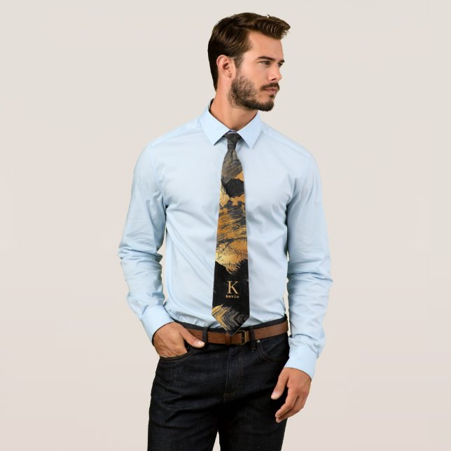 Unique personalised black gold monogram name tie (In Situ)