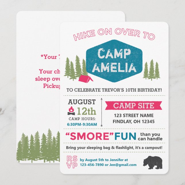 Unique Personalised Camp Name Birthday Party Pink Invitation (Front/Back)