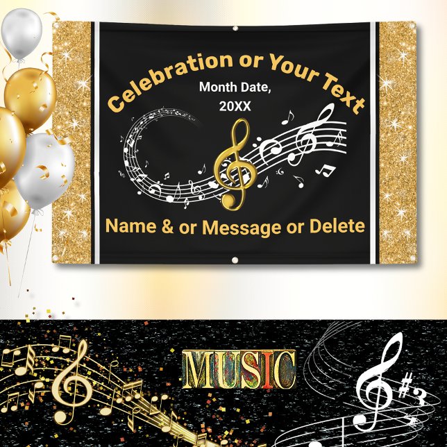 Unique Personalised Music Notes Banner Black, Gold (Music themed Banner. Music Graduation party ideas. Musical birthday party ideas. Musical Banners. )