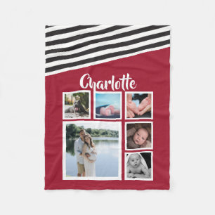 Unique Personalised Red Striped Photo Collage Fleece Blanket