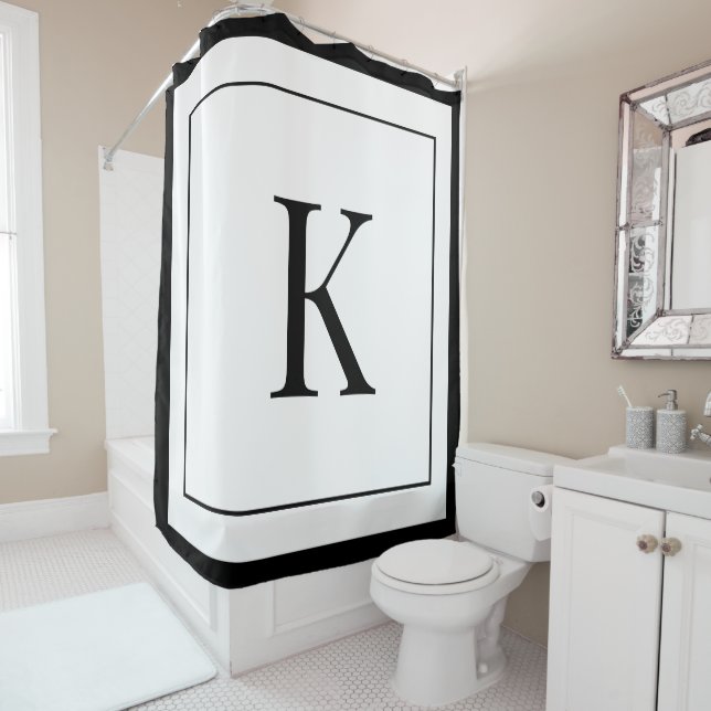 unique personalised white black monogram shower curtain (In Situ)