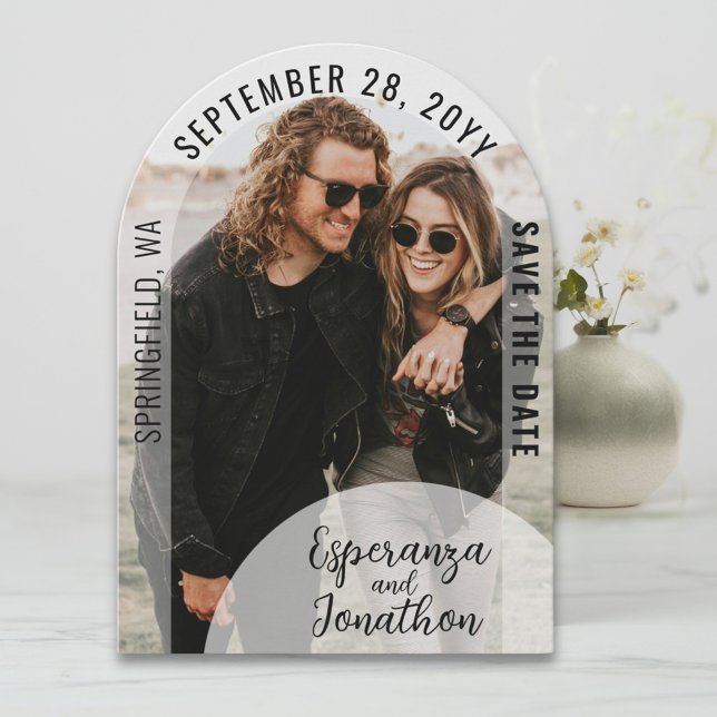 Unique Photo Arch Modern Script Save the Date (Elegant modern arch photo wedding save the date with script names. QR code and custom message.)