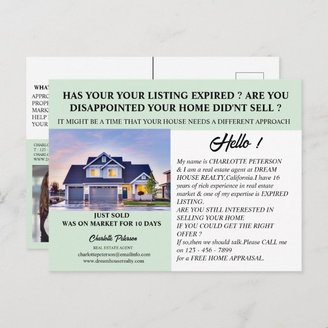 Unique Photo Real Estate Expired Listing  Postcard (Front/Back)