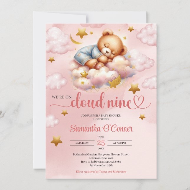 Unique pink and gold bear cloud nine Baby Shower Invitation (Front)