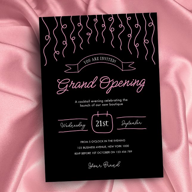  Unique Pink & Black Hand Drawn Business Launch Invitation (Elegant black and pink business opening event invitation with hand drawn line art graphics)